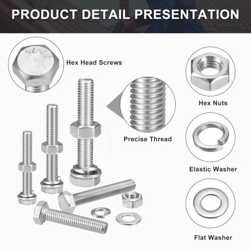 uxcell Hex Thread Bolts, Nuts, and Flat Lock Washers Kit, M6 X 35mm, 304 Stainless Steel, Fully Threaded Hex Bolts, Set of 4
