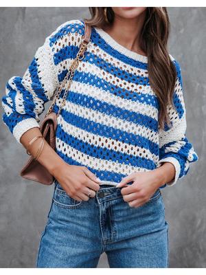 Autumn Striped Hollow Out Sweater Women's Loose Round Neck Casual Daily Comfortable Versatile Knitted Undercoat Top