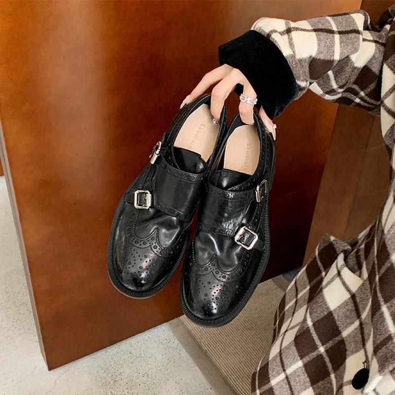 Autumn and winter new Hatton College shrinkage horse leather double buckle round head thick heel British style leather shoes