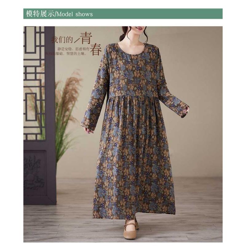 Printed Round Neck Loose Plus Size Long Sleeve Plus Cover Up Dresses