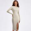 Knit Slim Sexy Bodycon Dress for Women Round Necked Long Sleeve Dress Solid Slit Ruched Dresses Casual Sweater Dress Knee Length Dresses