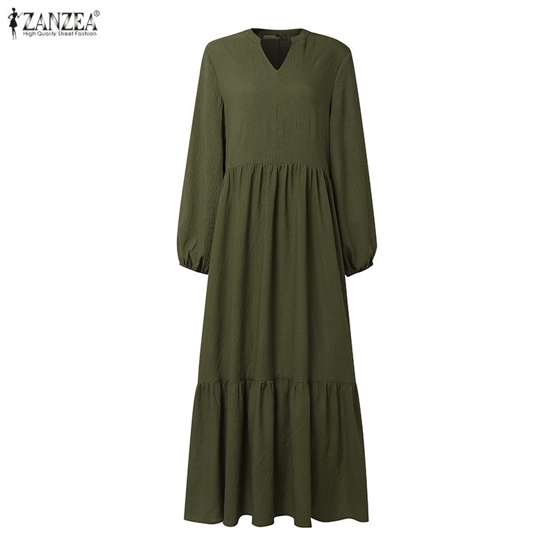 ZANZEA Women Casual V-Neck Long Sleeve Elegant Long Dress