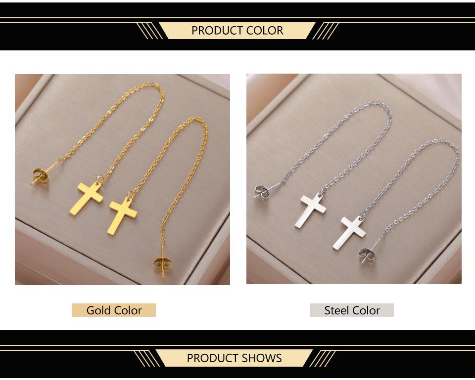 Dawapara Cross Long Earrings for Women Stainless Steel Tassel Earrings Christian Symbol Minimalism Cross Charm Religious Jewelry
