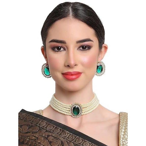 18k Gold Plated Latest Stylish Fancy Choker Traditional Pearl Necklace Jewellery Set for Women