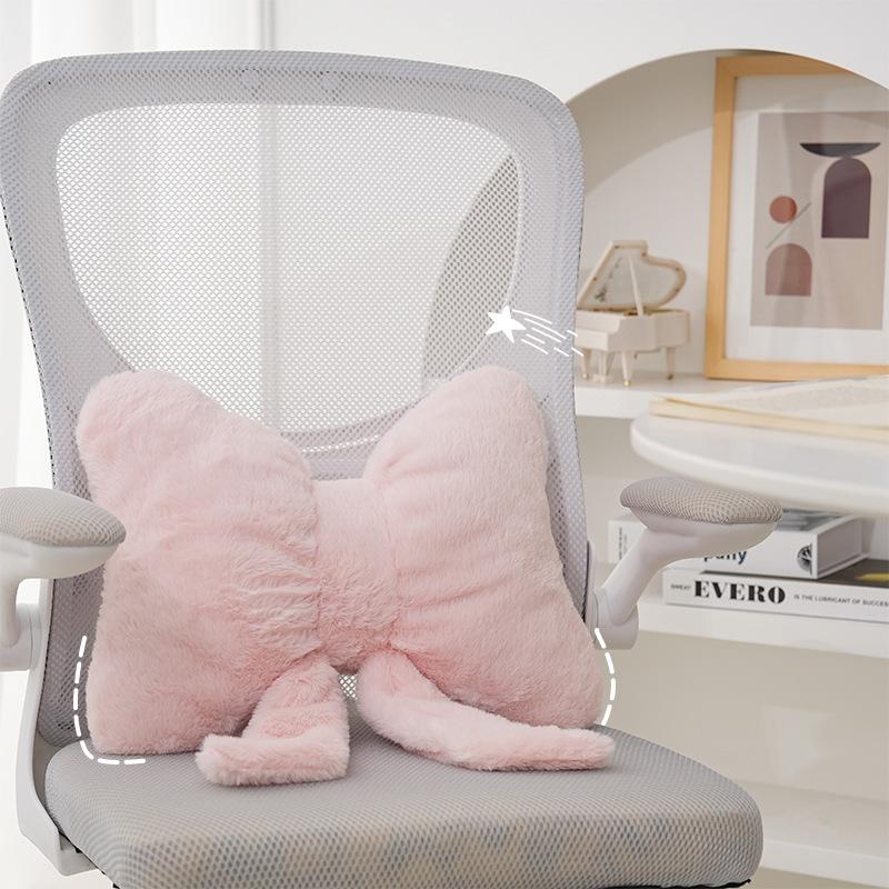 Pink Bow Ribbon Couch Pillow Imitation Rabbit Fur Comfortable Car Seat Cushion Ins Style Simple Back Cushion