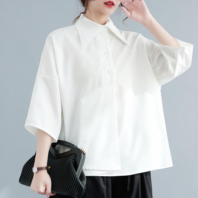 Women's Black Loose-Fit Irregular Top with Three-Quarter Sleeves