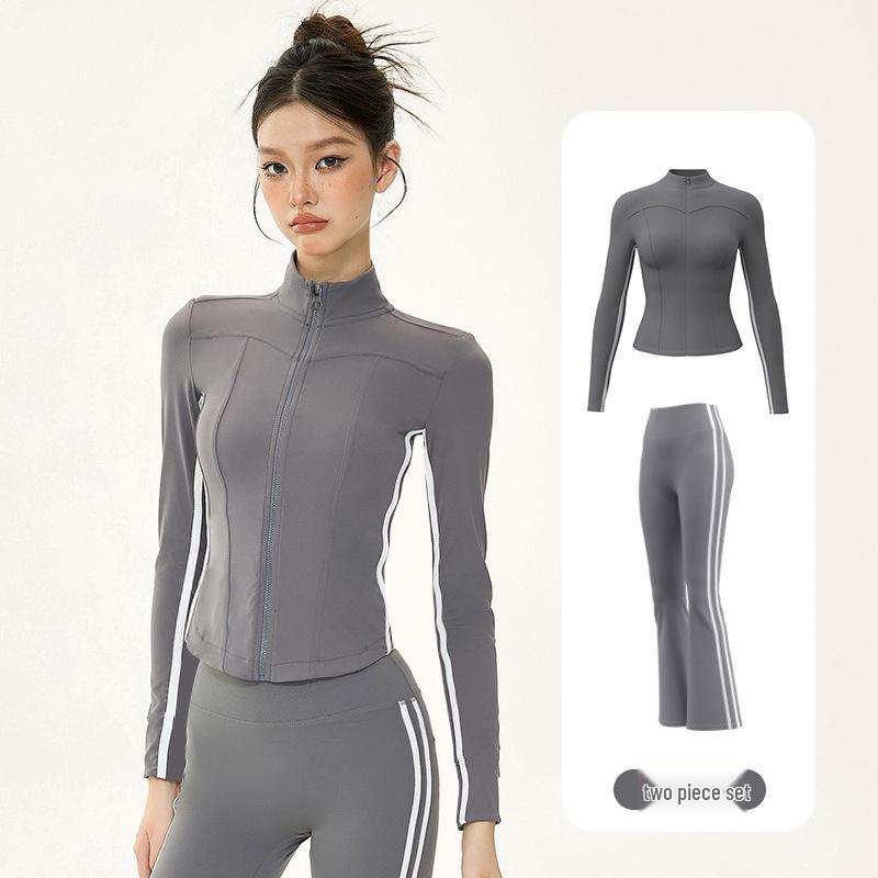 Slim-Fit Yoga Set: Micro-Flare Pants, Sporty Crop Jacket, Quick-Dry Tank Top.