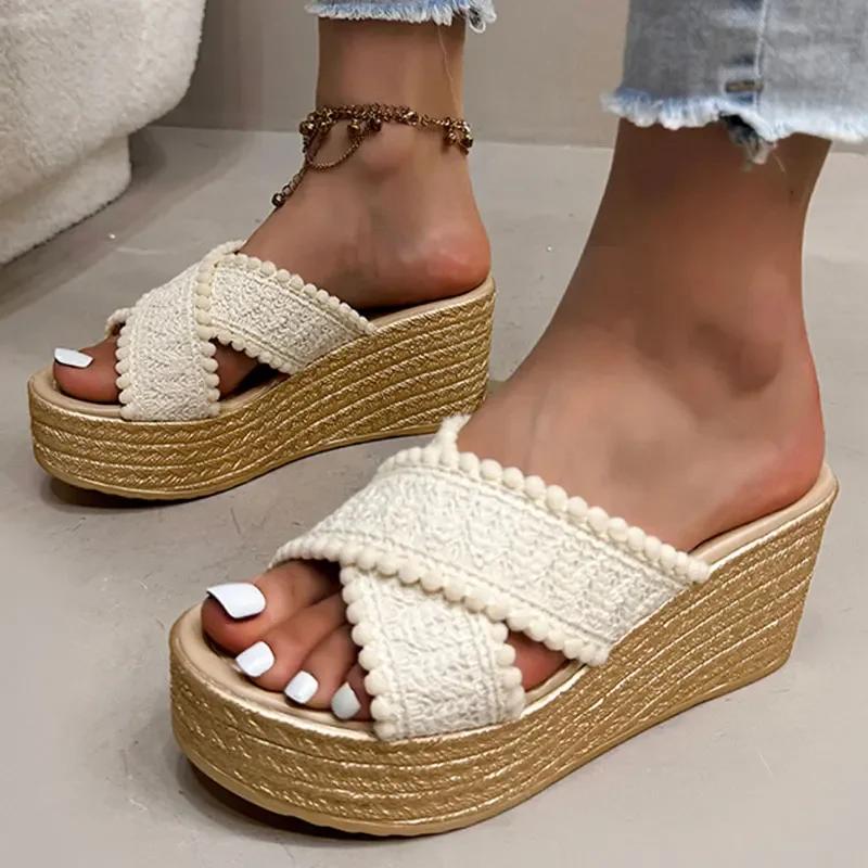 Fashion Women\'s Thick Sole Chunky Platform Slippers Cross Band Decor Wedges Sandals for Woman Summer Plus Size Comfort Non Slip Slides