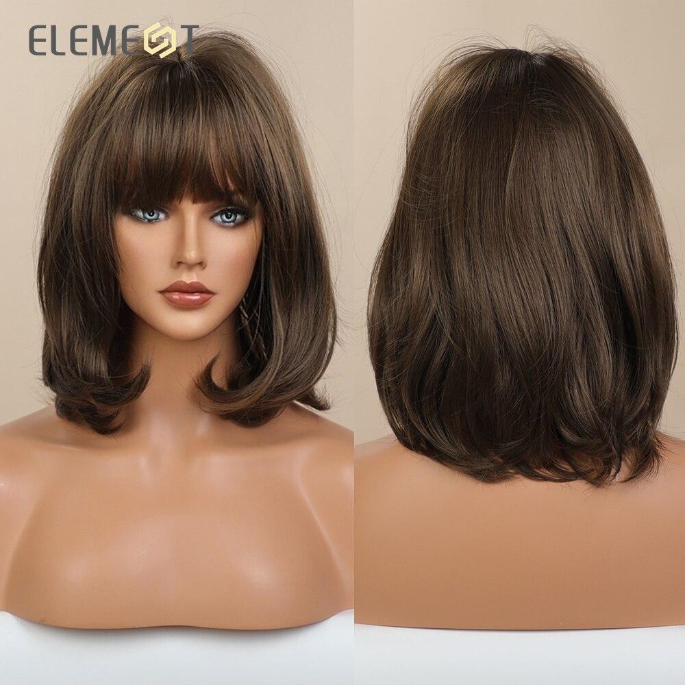 Element Bob Dark Brown Wig With Air Bangs Cool Short Synthetic Wigs For Women Shoulder Length Heat Resistant Fiber Hair Daily