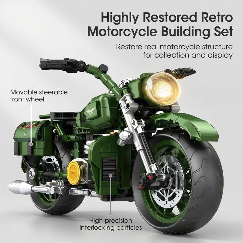 Grüner Vintage-Motorrad-Bausatz, Technische Bauklötze für Motorräder, Heimdeko Ausstellungsmodell für Bastler
