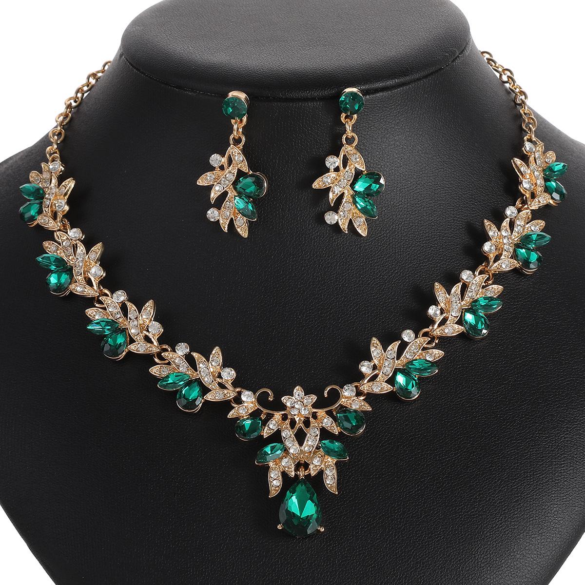 

Bridal Necklace Set High-End Crystal Diamond Wedding Dress Banquet Dress Accessories Matching зелений