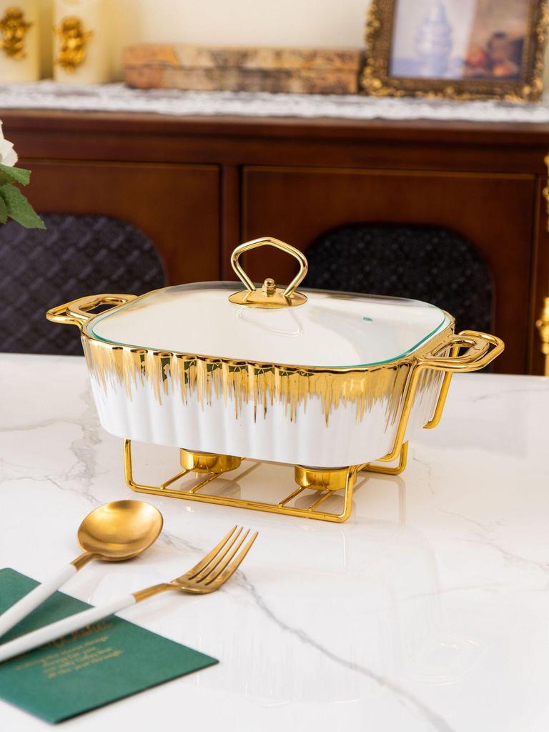 Rectangular Golden Ceramic Baking Casserole Pot with Stand