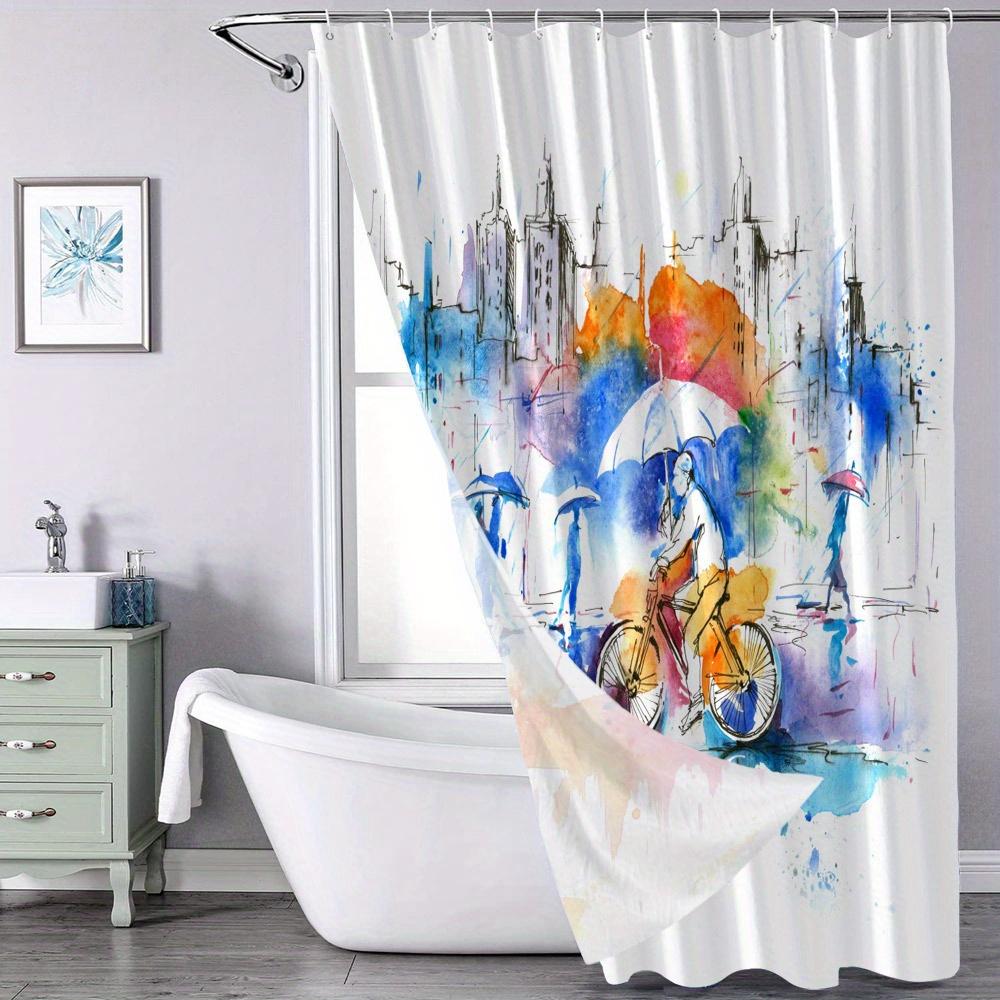 Vibrant Cityscape Shower Curtain - Cyclists & Umbrellas, Dynamic Urban Design, Polyester, 12 Hooks, Modern Bathroom Decor