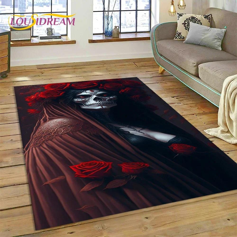 Skull Dead Girl Gothic Horror Female Rose Carpet Rug for Bedroom Living Room Home Sofa Decoration,Kid Game Large Decor Floor Mat
