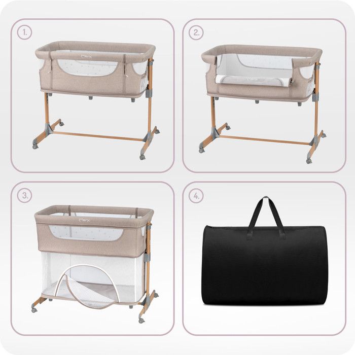 Momi Smart Bed – 4-in-1 Baby Co-sleeper – Height &; Inclination – Bassinet with Mosquito Net, Mattress, Side Access – Beige