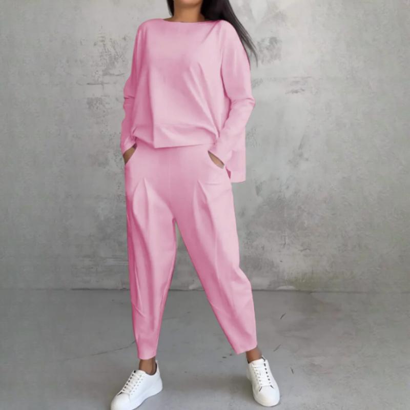 

Весенне-осенний женский повседневный костюм, однотонный, с круглым вырезом, с длинными рукавами, женские брюки с карманами, женские брюки XXXXXL розовый
