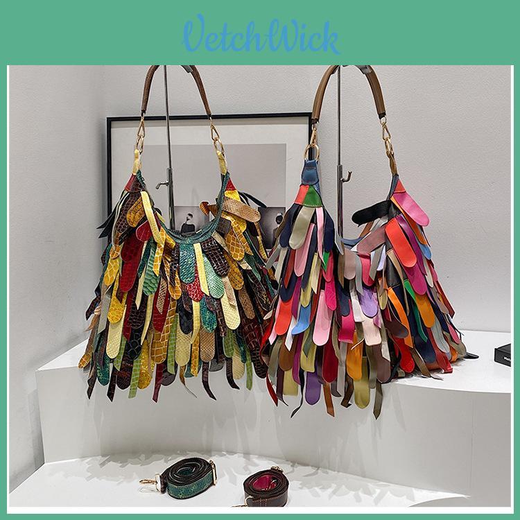 Indian Boho Style Leather Bucket Bag With Tassels And Pouch For Daily Casual Use