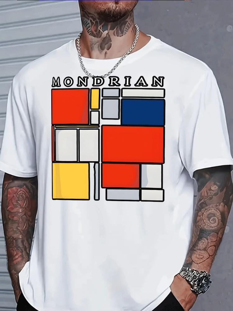 Unisex Black Crew Neck Tee Mondrian Geometric Art Print Loose Oversized Short Sleeve Unisexs Streetwear Summer Casual Basic Top