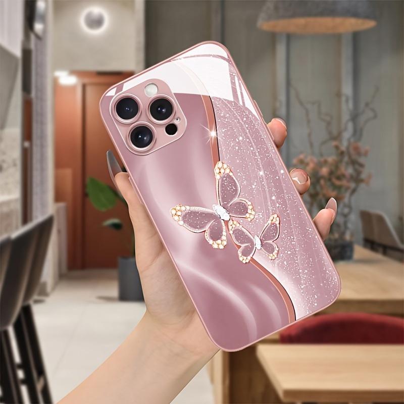 Diamond Butterfly Pattern Pink Metallic Paint Glass Hard Phone Case For iPhone 17 Pro Max 11 12 13 14 15 16 Plus 16E 17Air Cover