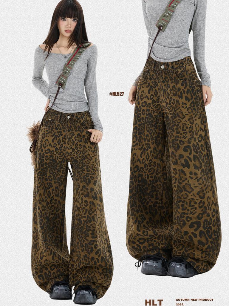 American Streetwear Retro Leopard Casual Pants Women Autumn Winter Fashion Design Versatile Slim Fit Wide Leg Long Pants