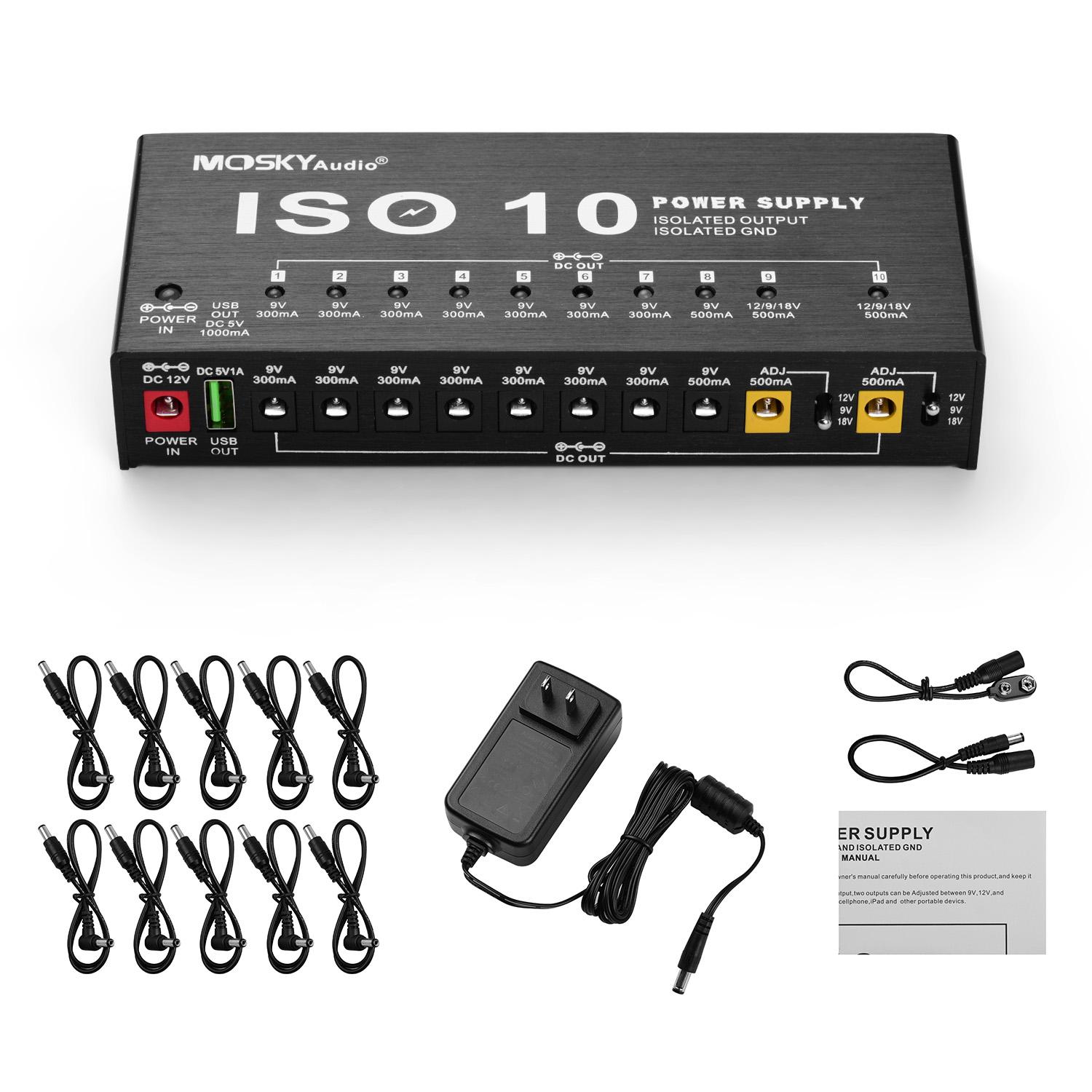 

MOSKY 10 Isolated DC Outputs/ 5V USB Output ISO-10 Guitar Effect Pedal Power Supply for 9V 12V 18V Protection Guitar Accessories