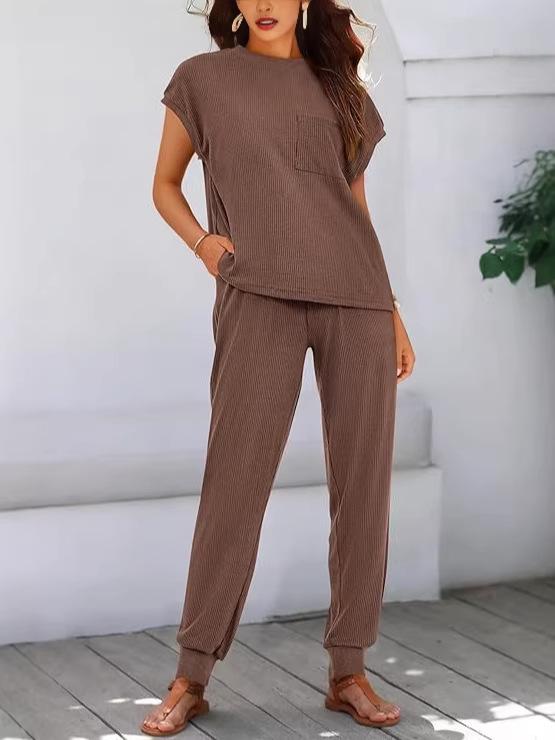 2026 Sommer Damen Zweiteiliges Gestreiftes Jogging-Set: Kurzarm-Oberteil & Lange Hose