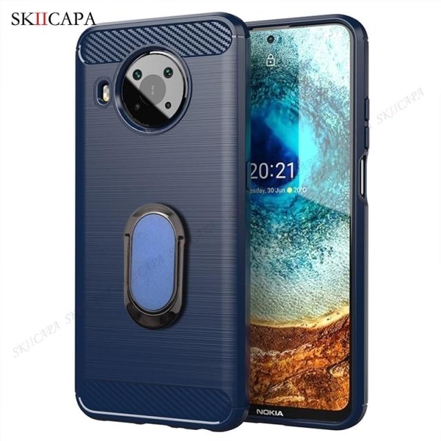 Brushed Carbon Fiber Shockproof Phone Case for Nokia X10 X20 G10 G20 5.4 3.4 2.4 1.3 8.3 5G Magnetic Ring Stand Soft Silicone Phone Protective Cover