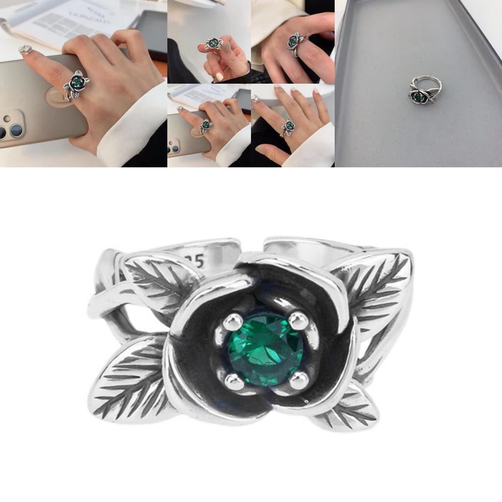 Exquisite Korean Style Vintage Exaggerated Green Zircon Rose Flower Ring For Women