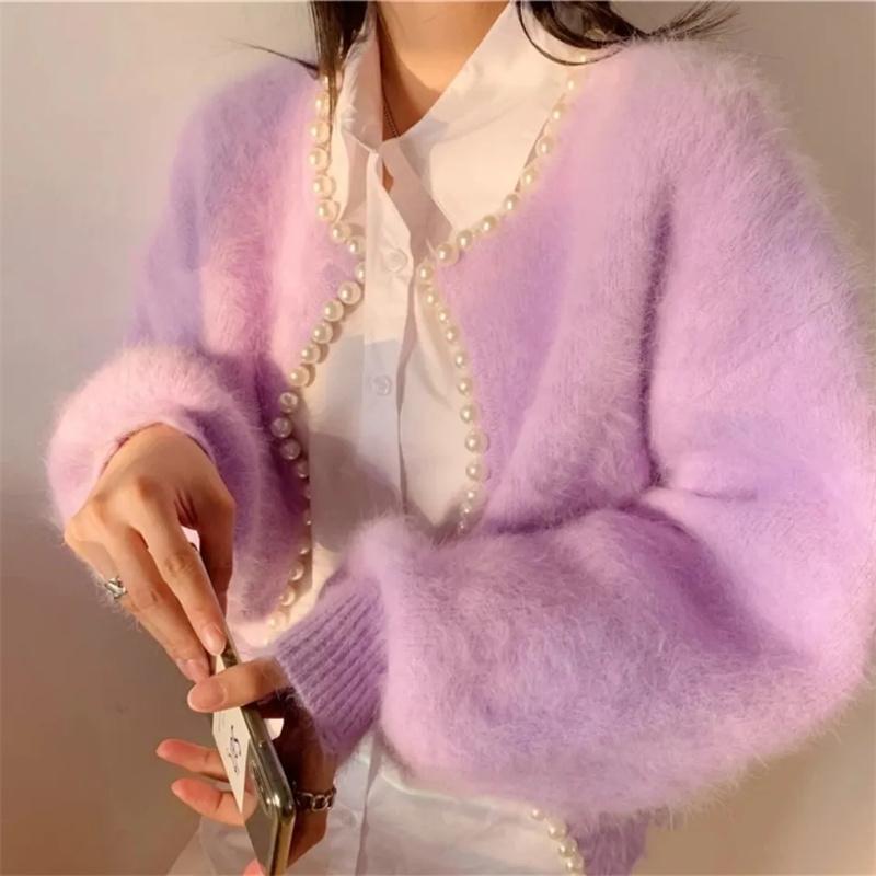 

Autumn Winter Women Outerwear Ladies Pearl Knit Lantern Sleeves Imitation Mink Fleece Sweater Cardigan Jacket One Size