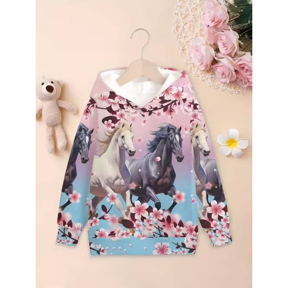 Cool Horse Girl Clothes Animals 3D Print Spring  Autumn Long Sleeve Hoodies Loose Lightweight Sweatshirt Comfortable Children's Clothing