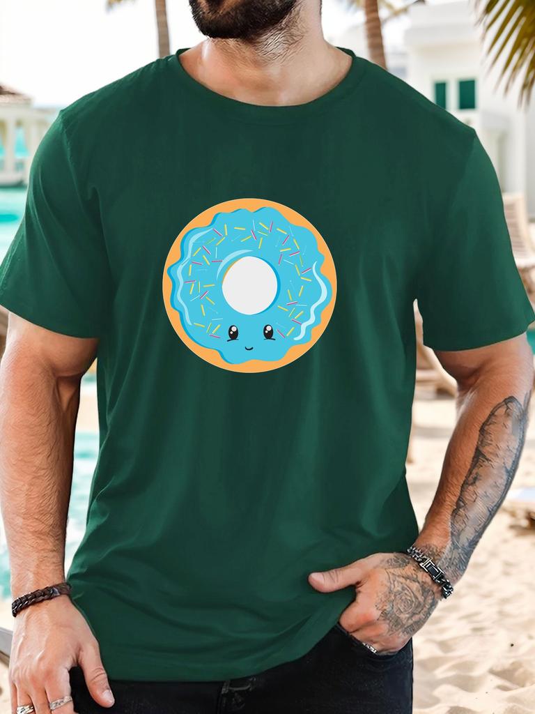 Unisex Yellow Crew Neck Tee Cute Blue Glaze Donut Cartoon With Color Sprinkles Sweet Dessert Soft Cotton Male Casual Short Tops