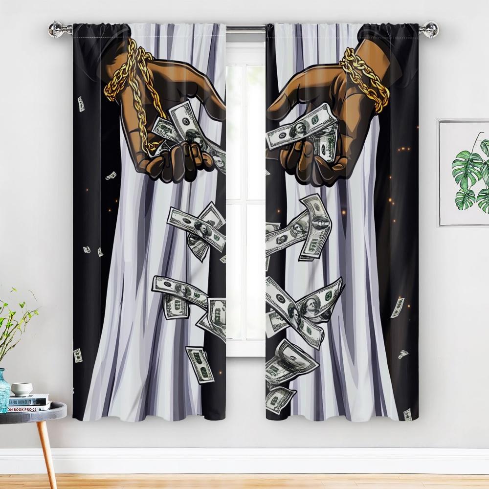 2 Stück Verdunkelungsvorhänge mit Skeletthand, goldener Kette und flatternden Dollar-Scheinen – Lichtundurchlässige Polyester-Vorhänge für Wohnzimmer