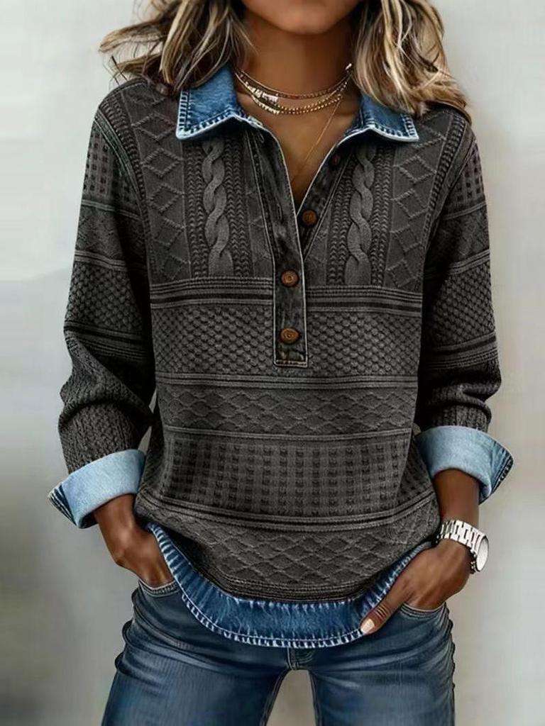 2025 European Style Knit Lapel Long Sleeve Women's Shirt - Versatile Casual Patchwork Denim for Autumn/Winter