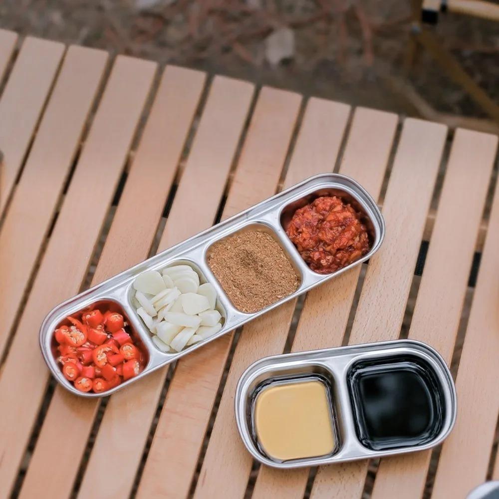 1PC Stainless Steel Multi Grid Seasoning Dish Partitioned Sauce Container Portable Dipping Bowl for Outdoor Camping Kitchen