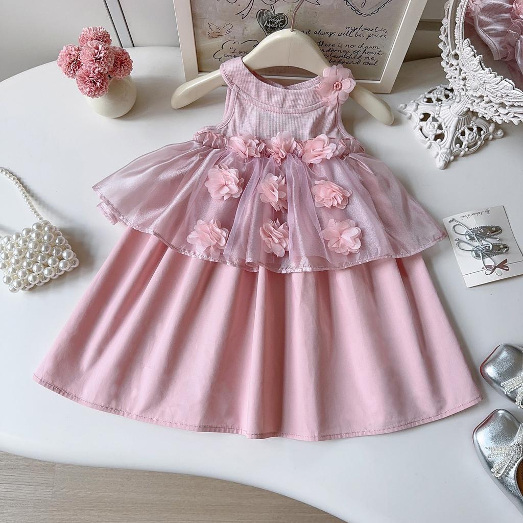 Summer Girls Dress 3D Flower Tulle Vest Princess Dress Kids Fashion Sleeveless Party Gown For Children
