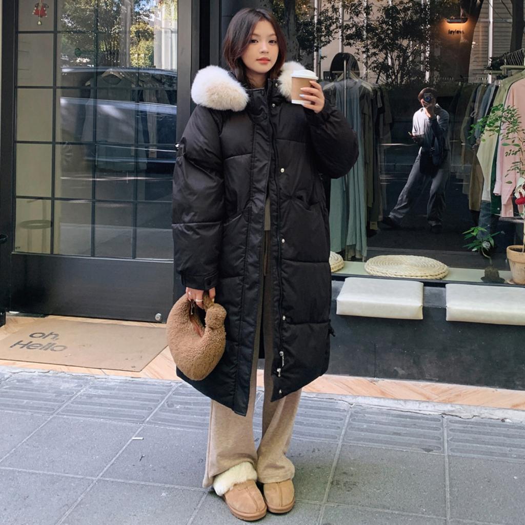 New Women's Knee-length Thickened Cotton Parka with Fur Collar, Korean Style Student Winter Padded Coat