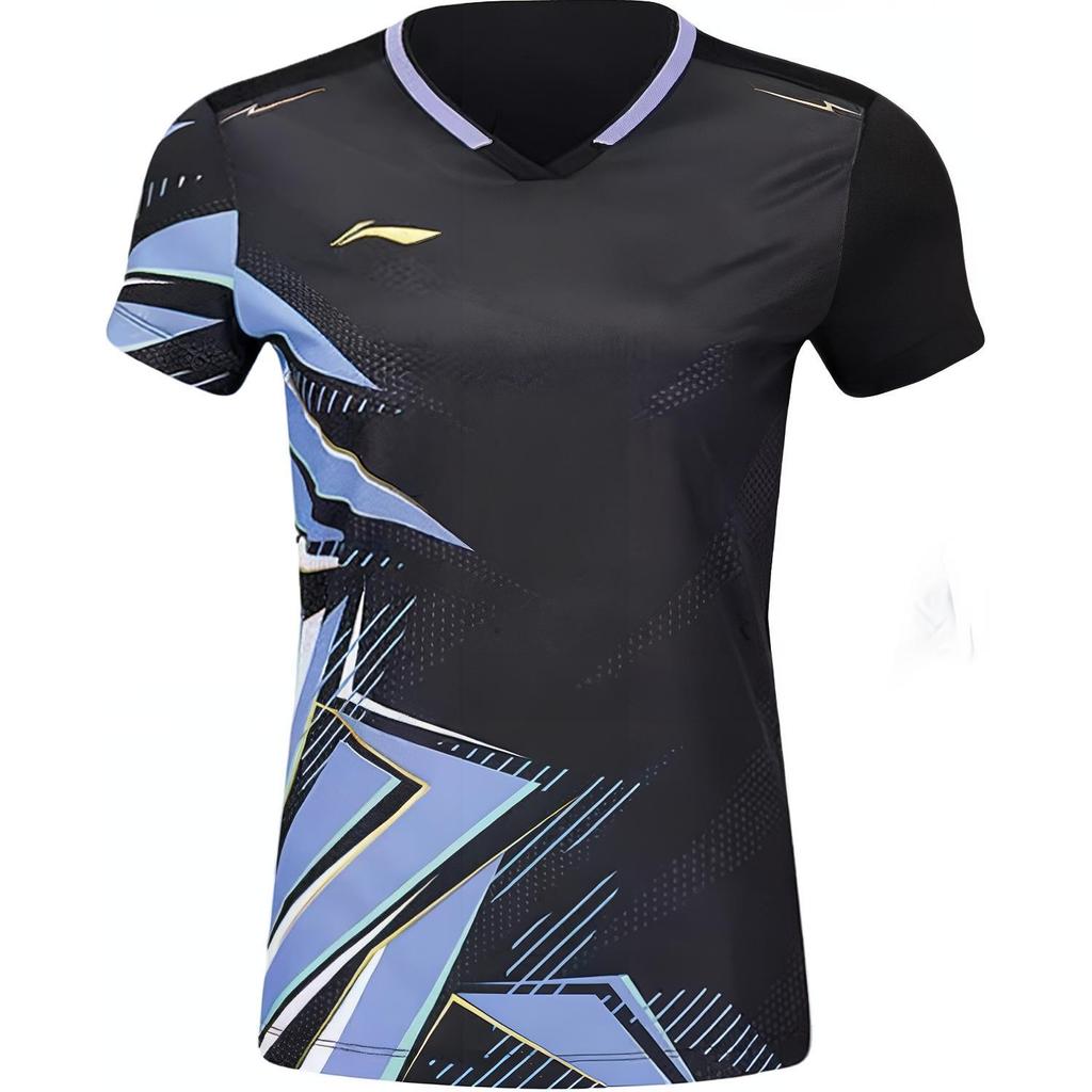 Li Ning Pullover V-Neck Logo Printed Short Sleeve Badminton Shirt Women Tops Black AAYU134-1