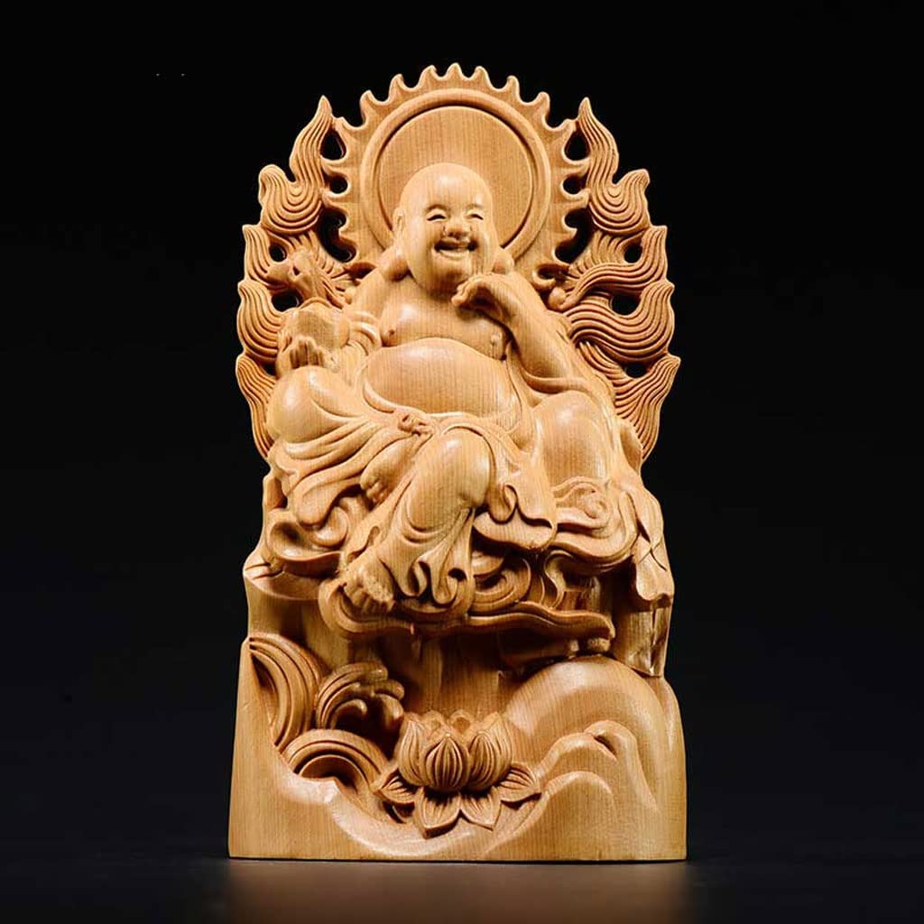 Seven Lucky Gods Figurine Hotei Natural Clifftop Buddha Statue Wood Carving Feng Shui 20cm x Width 11cm x Depth (Height 4cm)