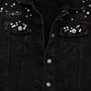 Winter Women Jacket Bead Decor Plus Size Long Sleeves Turn-down Collar Chest Pockets Button Closure Coat Short Type Casual Streetwear Denim Coats