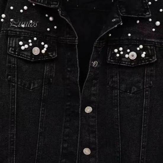 Winter Women Jacket Bead Decor Plus Size Long Sleeves Turn-down Collar Chest Pockets Button Closure Coat Short Type Casual Streetwear Denim Coats