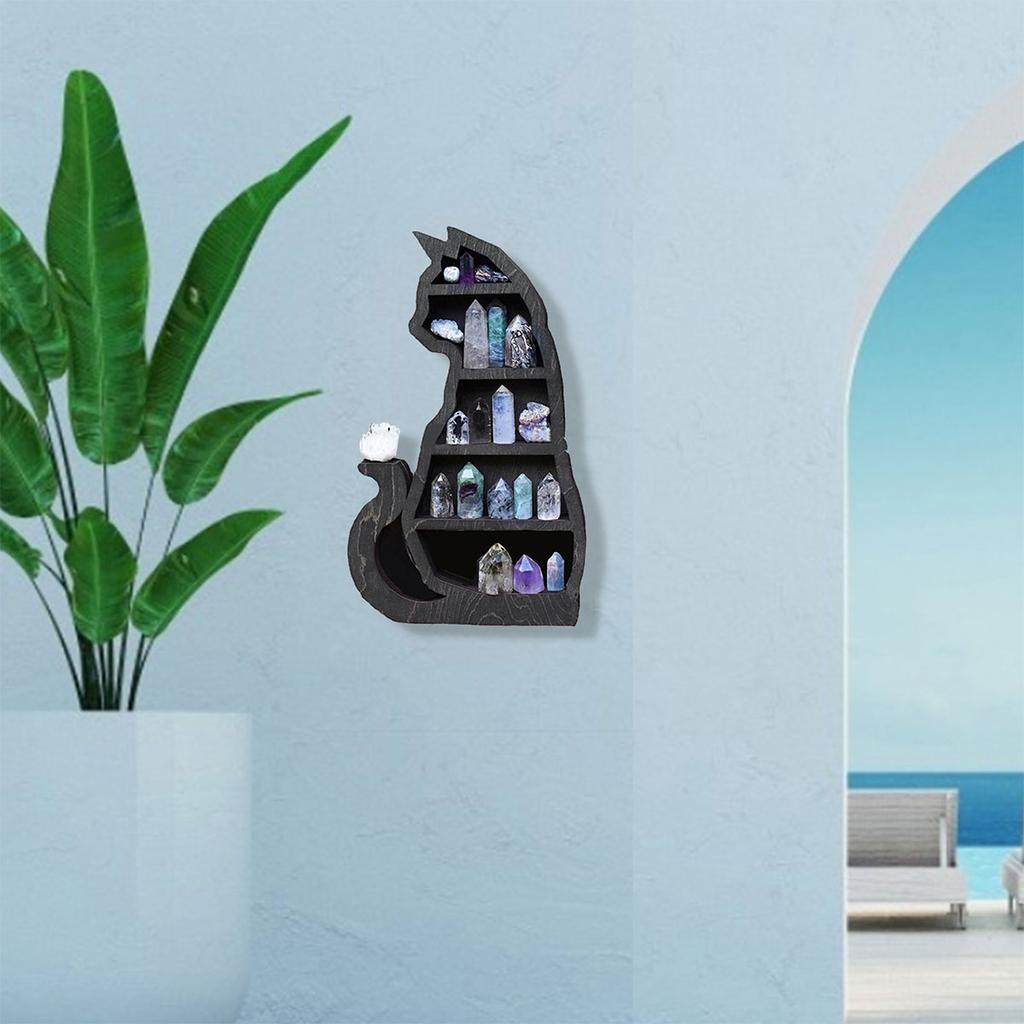 Wooden Crystal Display Shelf Black Cat Design Decorative Crystal Holder Crystal Storage Rack for Crystals Stones Essential Oil M