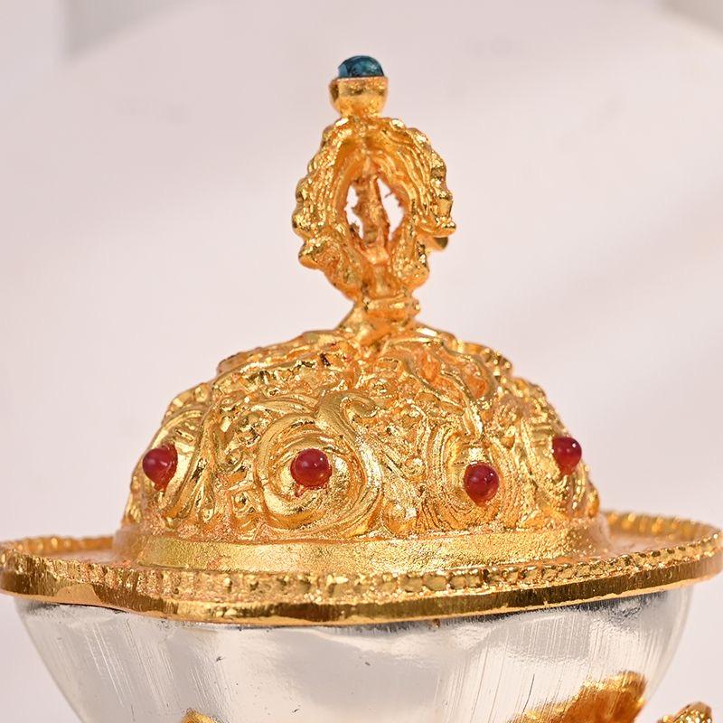 Tibetan Toba Altars Guardian Bowl,Engraving Inlaid Gem Alloy Handicraft Buddhism Holy Water Plate,Buddhist Religious Item,1Set