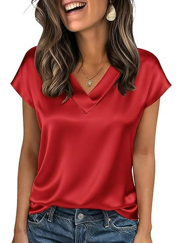 2026 Vår/Sommar Elegant Silke V-ringad Kortärmad Dam T-shirt