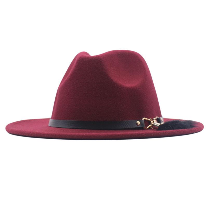 Autumn and winter woolen top hat British style classic flat edge jazz hat fashionable versatile women's hat metal buckle feather hat