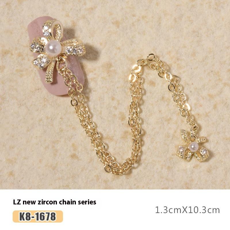 Nail Art Zircon Plated Real Gold Chain Jewelry Pearl Pendant Gold Bow Zircon Chain