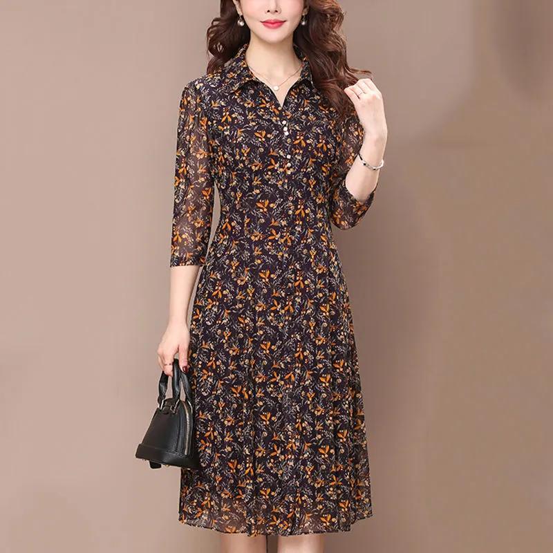 Women's Summer Stretchy Floral Dresses Middle-aged Mom Button Printed Seven Sleeve Dresses