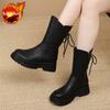 Round Toe Leather Platform Ladies Mid Calf Shoes Autumn Winter Fleece-Lined with Laces Women's Half High Boots Trend 2025 Boot