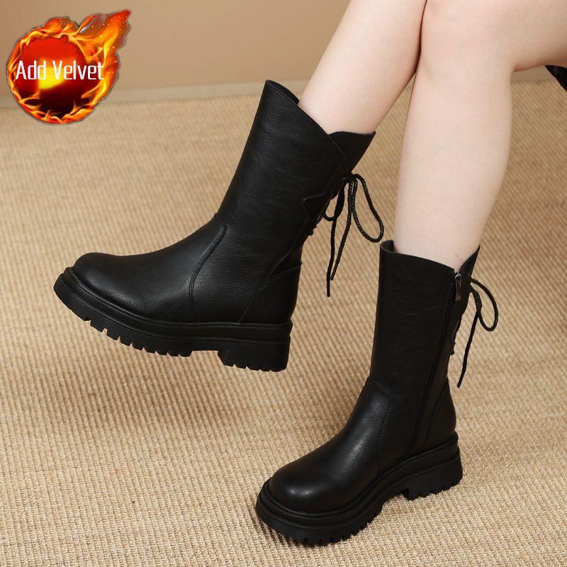 Round Toe Leather Platform Ladies Mid Calf Shoes Autumn Winter Fleece-Lined with Laces Women's Half High Boots Trend 2025 Boot