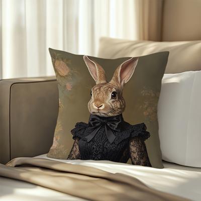 1Pc Vintage Victorian Style Lady Rabbit Throw Pillow Cover,Suitable For Sofa,Bedroom,Living Room,A Unique Gift For Animal Lovers