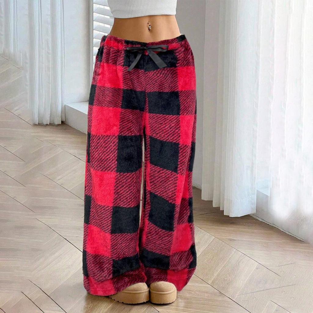 Women's Loose Elastic Drawstring Plush Checked Long Pants